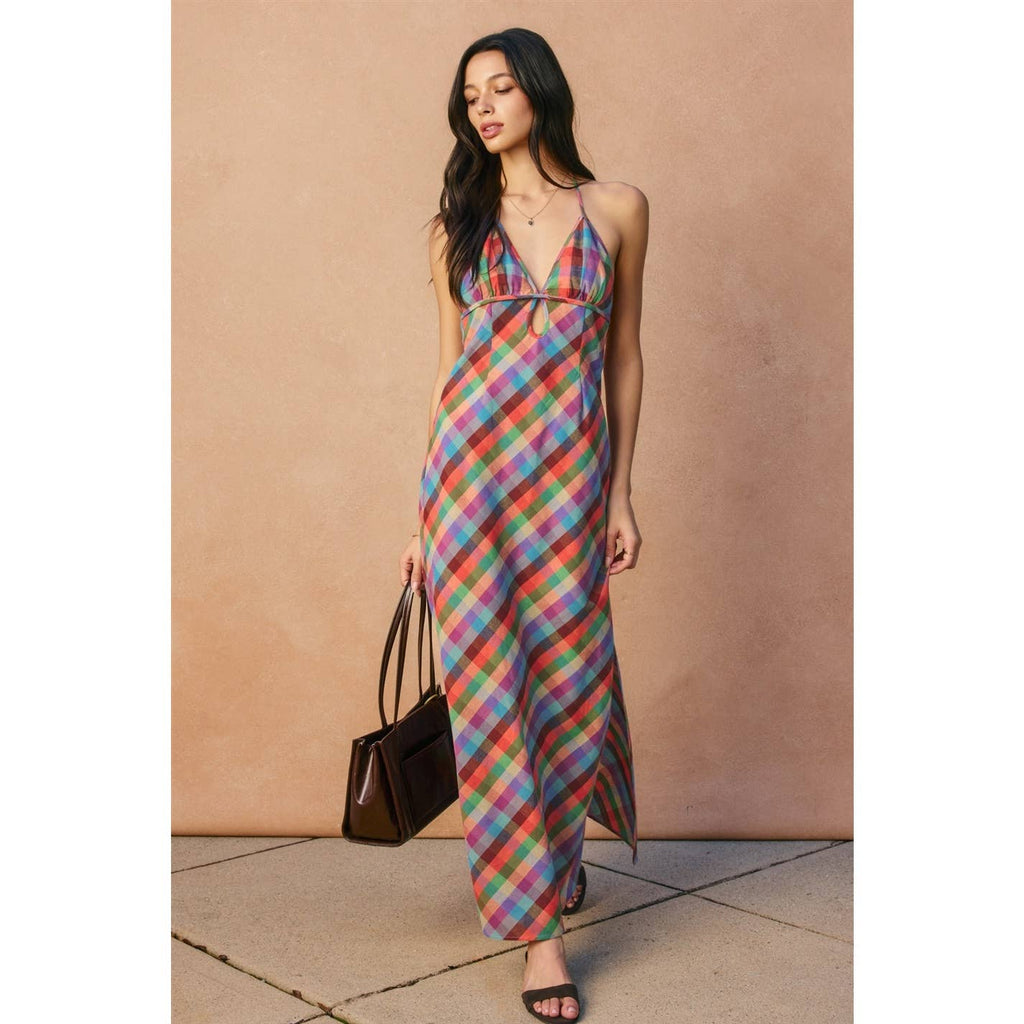 Vibrant Vines Triangle Top Halter Maxi Dress