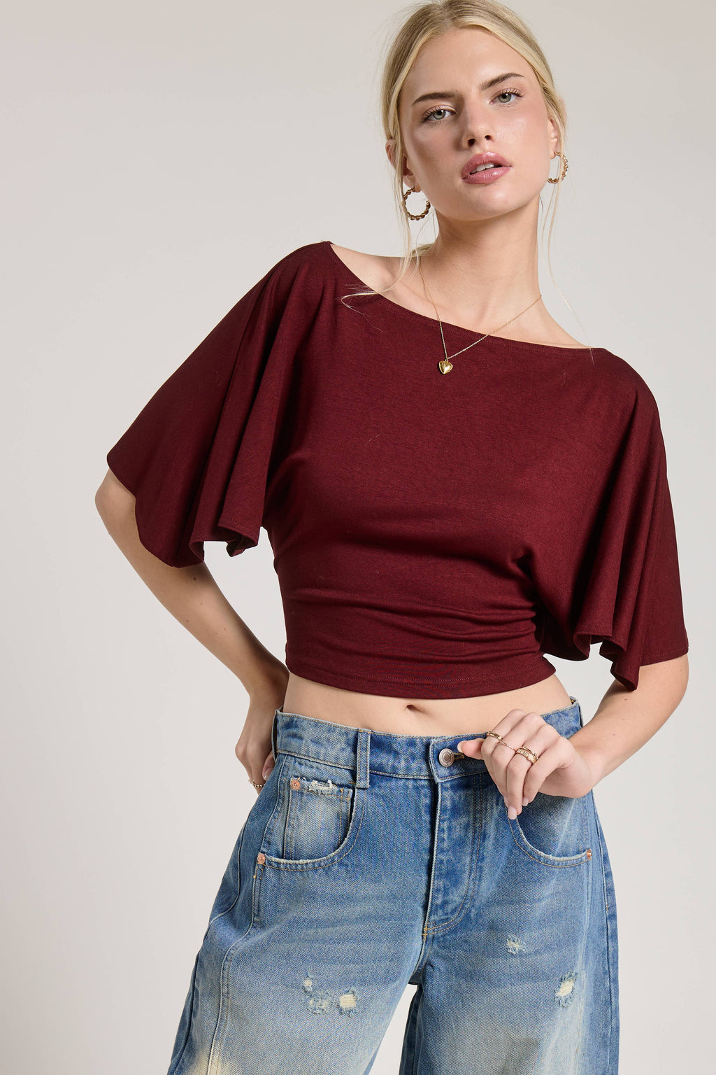 Batwing Short Sleeve Tie Back Knit Top