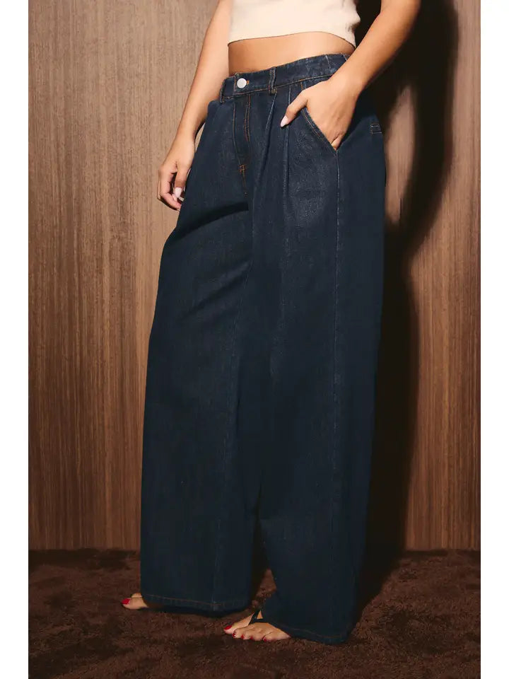 Low Waist Pleated Wide Leg Denim Pants