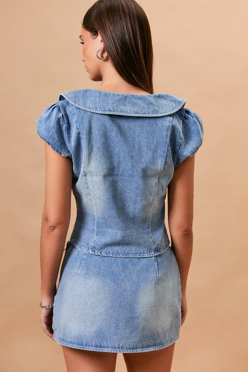 Cap Sleeve Collared Denim Top