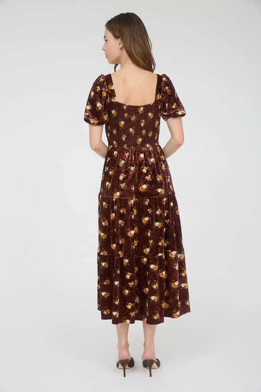 Floral Velvet Puff Sleeve Midi Dress