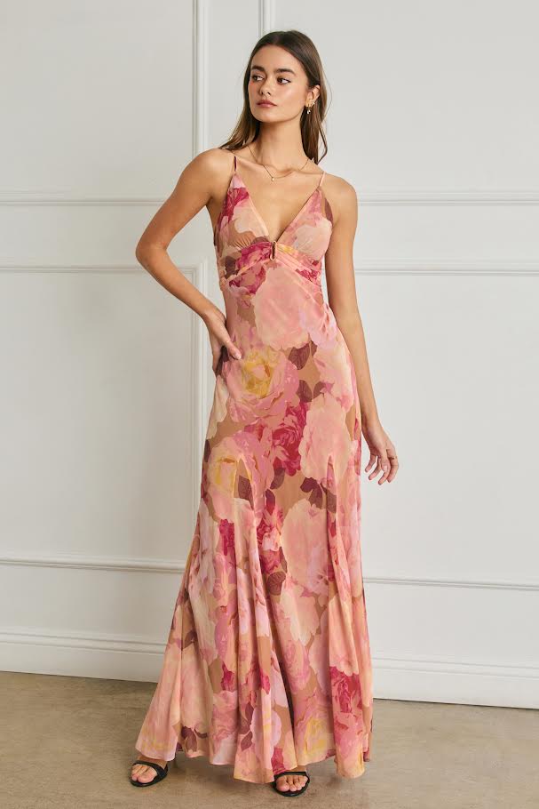 Floral Chiffon Frilly Hem Maxi Dress