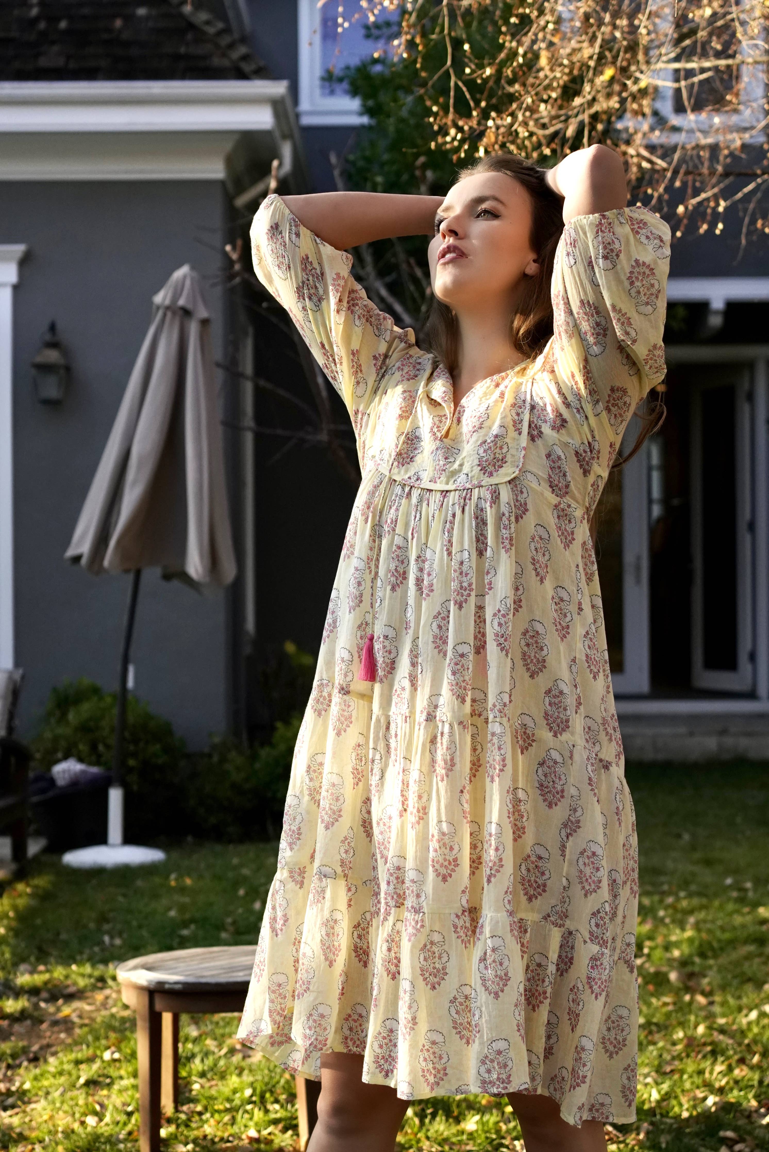 Rumi Block Printed Dress Yellow