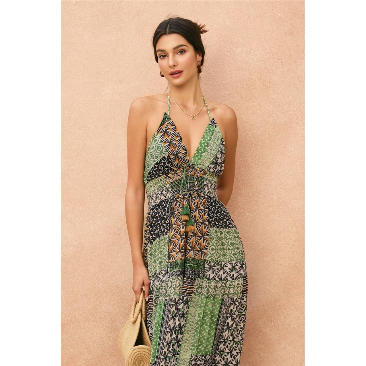 Bohemian Patchwork Halter Open Back Maxi Dress