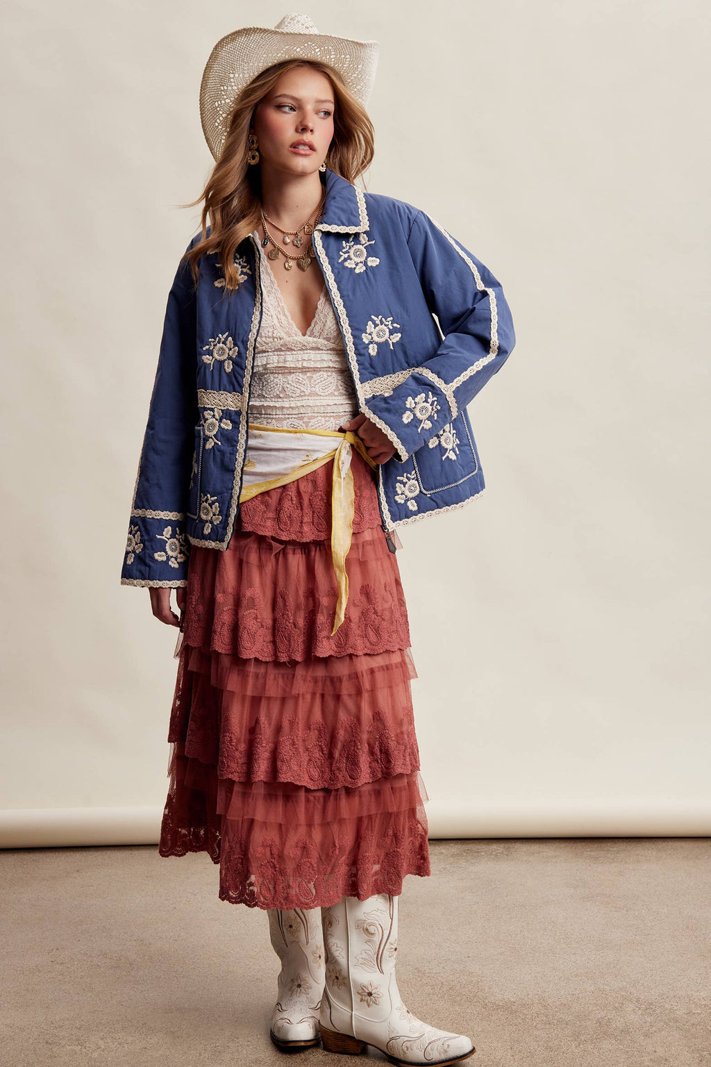 Embroidered Lace Trim Quilted Jacket
