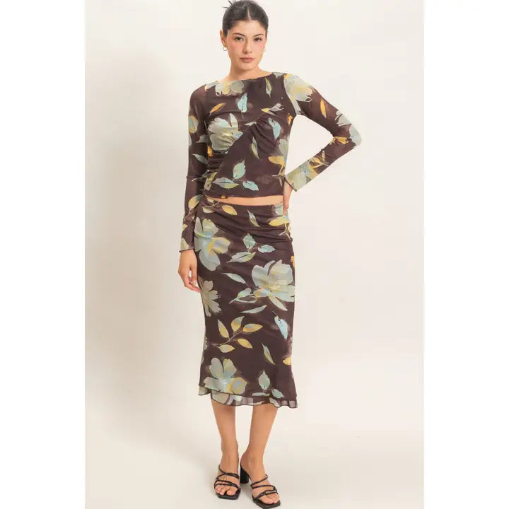 Floral Mesh Top and Skirt Set