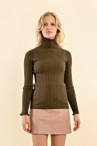Ribbed Knit Khaki Turtleneck