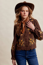 Embroidered Scallop Hem Cotton Blouse