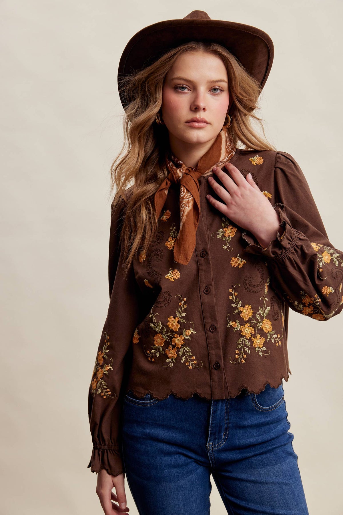 Embroidered Scallop Hem Cotton Blouse