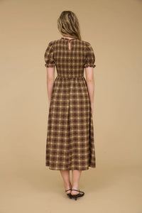 Plaid Smocked Bodice Midi Dress