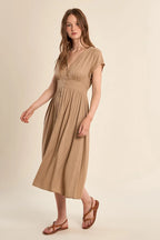 Beige Button Front Midi Dress