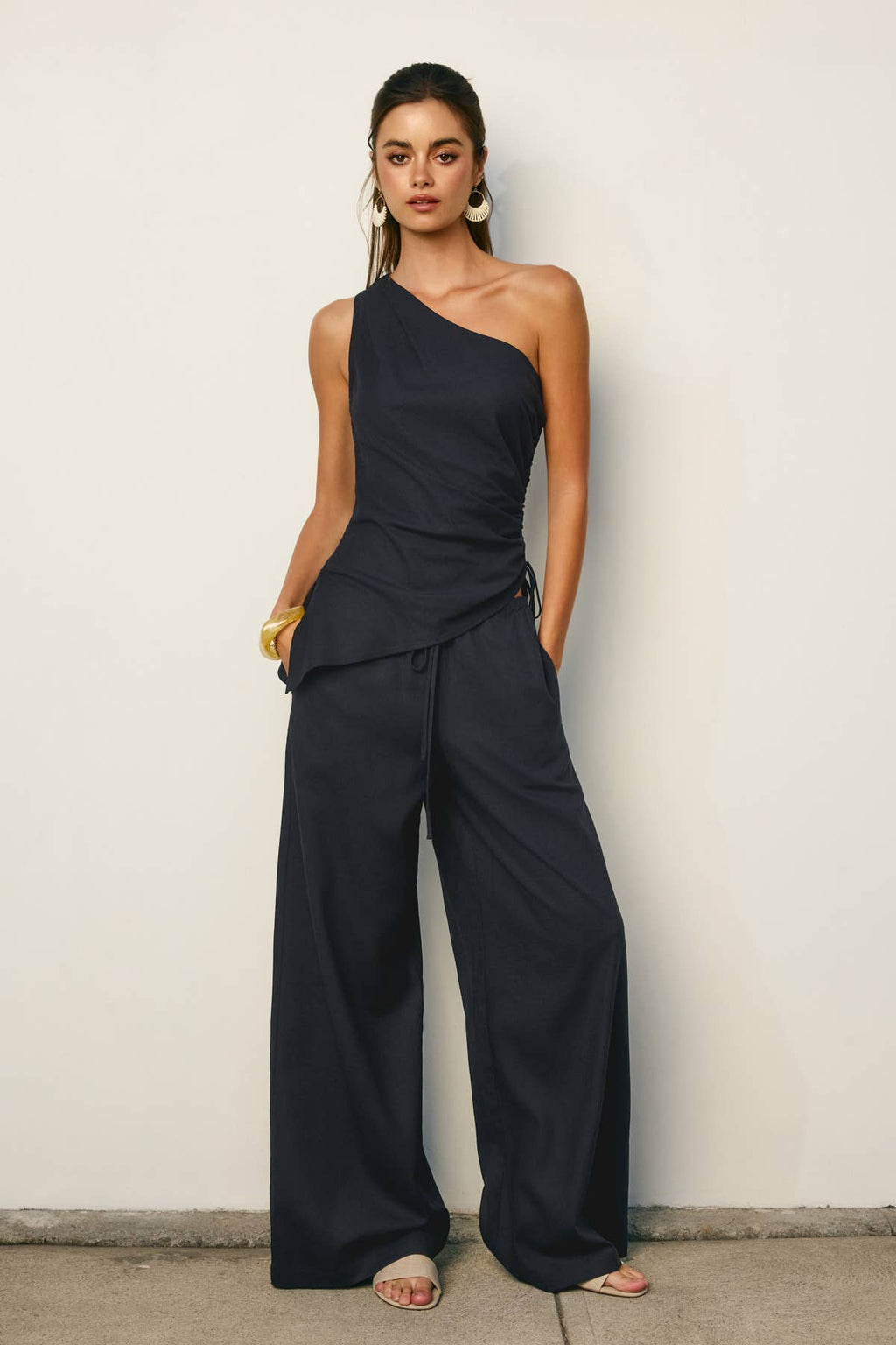 Linen One Shoulder Ruched Top