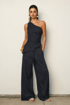 Linen One Shoulder Ruched Top