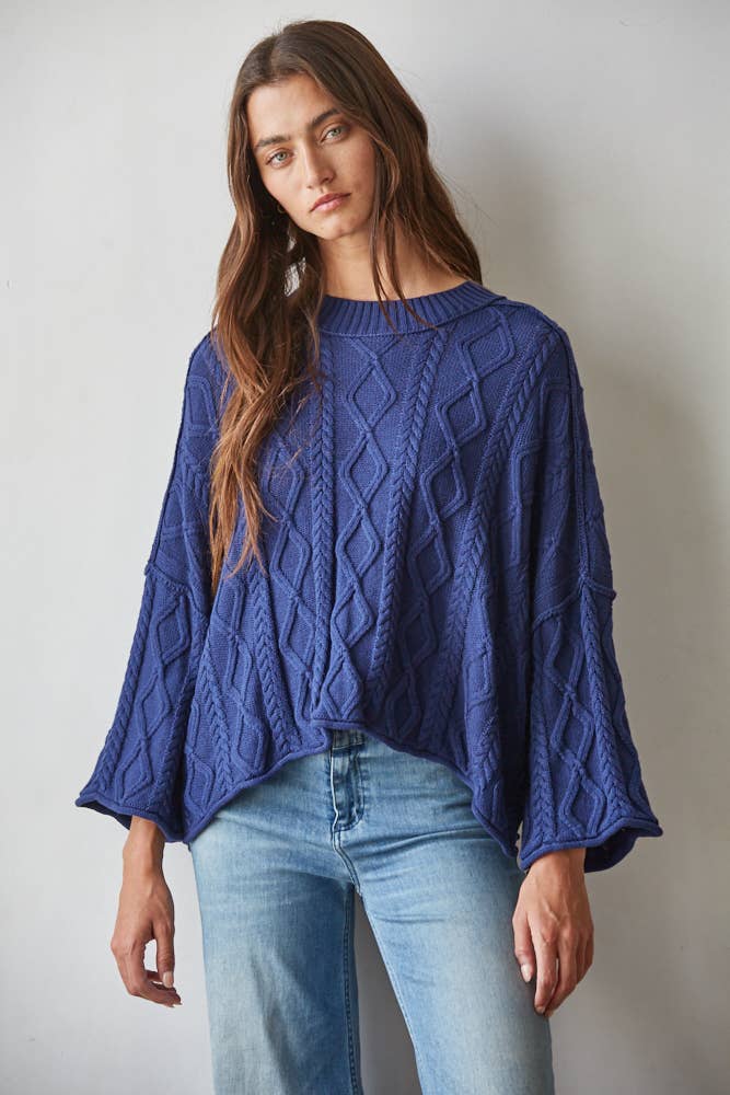 Knit Cable Sweater Cotton 3/4 Sleeve Pullover