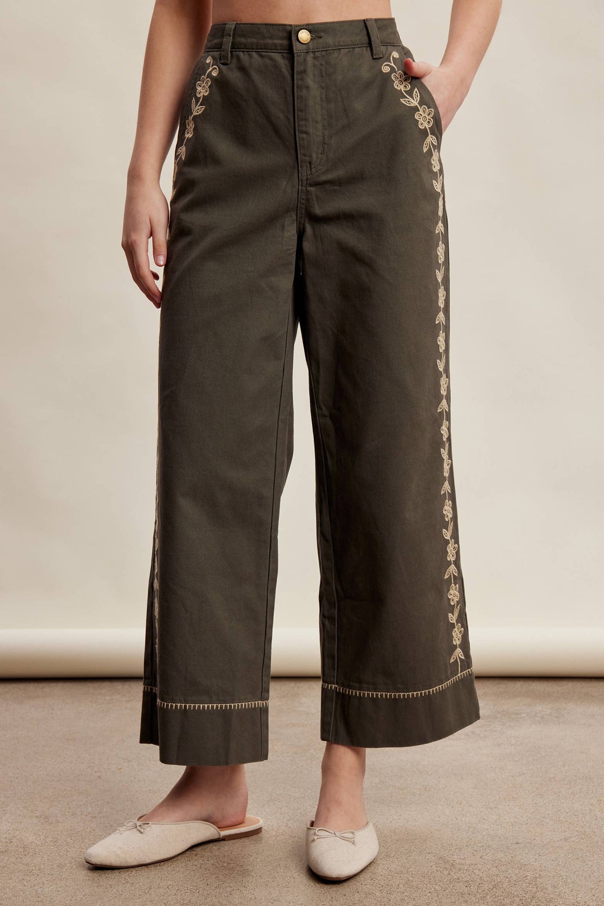 Floral Embroidered Cropped Wide-Leg Pants