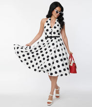Load image into Gallery viewer, Black Dot Halter Swing Dress