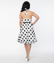 Load image into Gallery viewer, Black Dot Halter Swing Dress