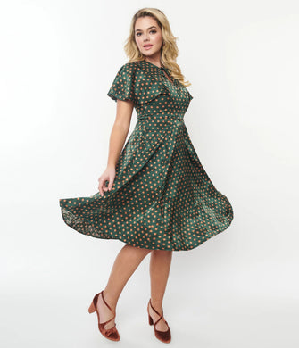 Flutter Sleeve Green with Rust Dots Dress