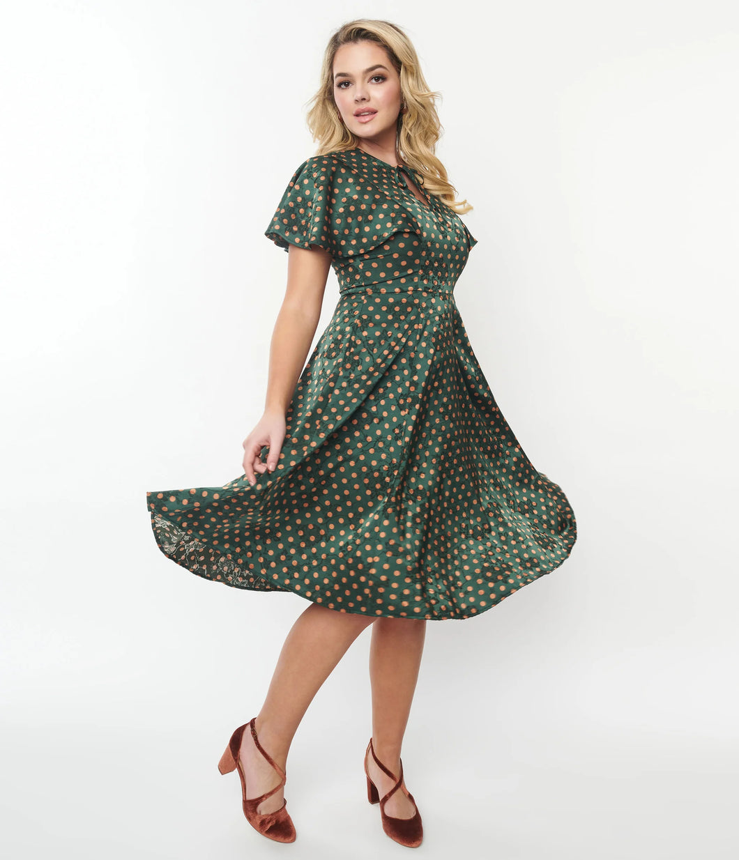 Flutter Sleeve Green with Rust Dots Dress