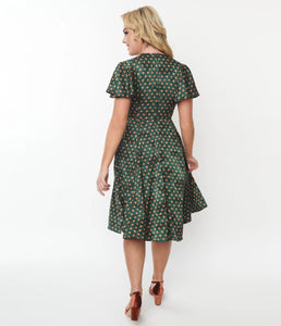 Flutter Sleeve Green with Rust Dots Dress