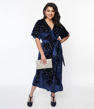 Load image into Gallery viewer, Silver Stars Navy Velvet Wrap Dress