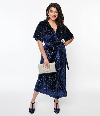 Silver Stars Navy Velvet Wrap Dress