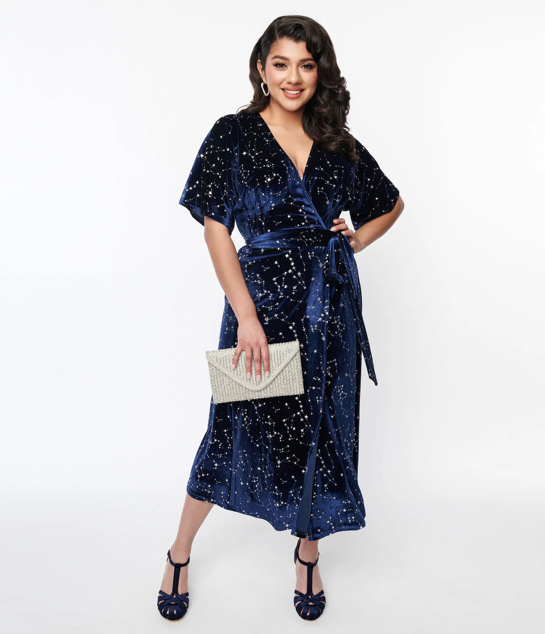 Silver Stars Navy Velvet Wrap Dress