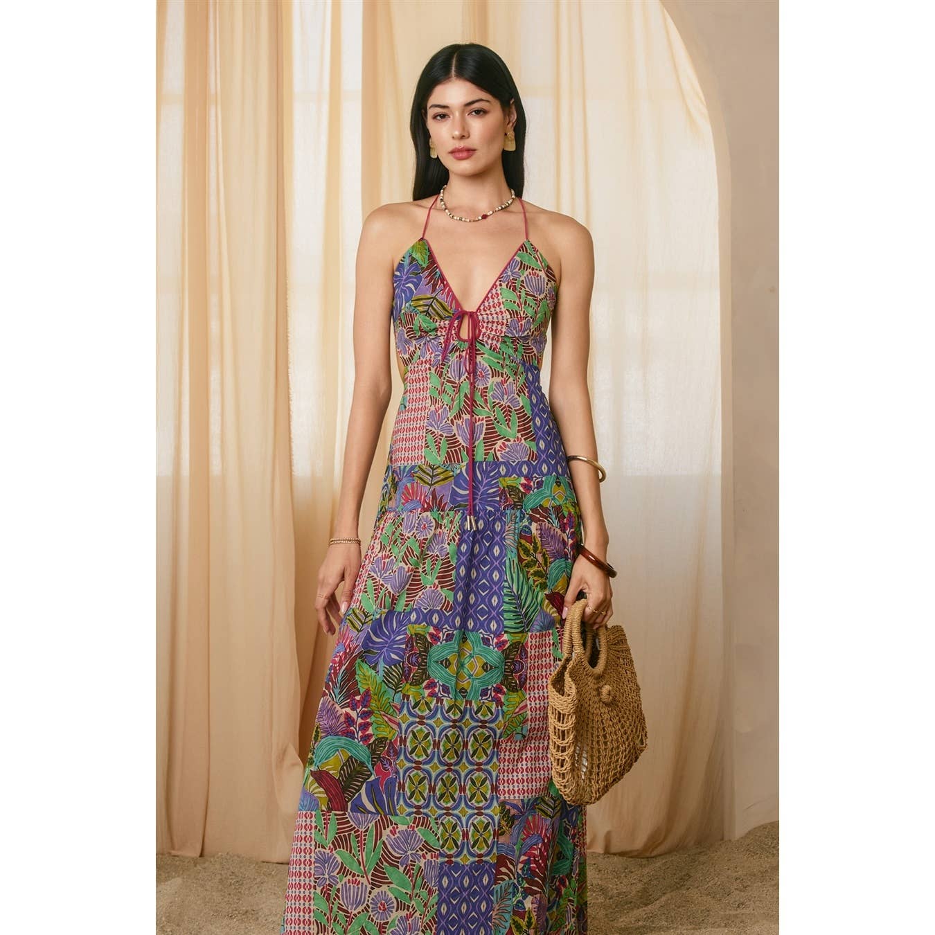 Paisley Patchwork Keyhole Tie Detail Dress