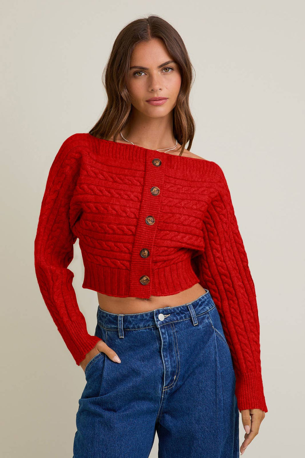 Off-Shoulder Button Sweater