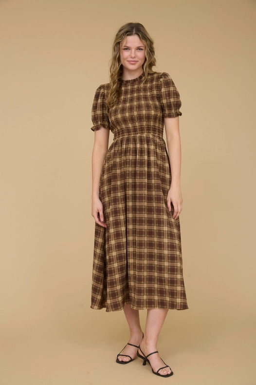 Plaid Smocked Bodice Midi Dress