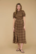 Plaid Smocked Bodice Midi Dress