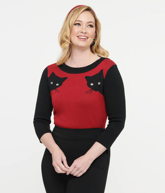 Burgundy Black Cat Sleeve Sweater