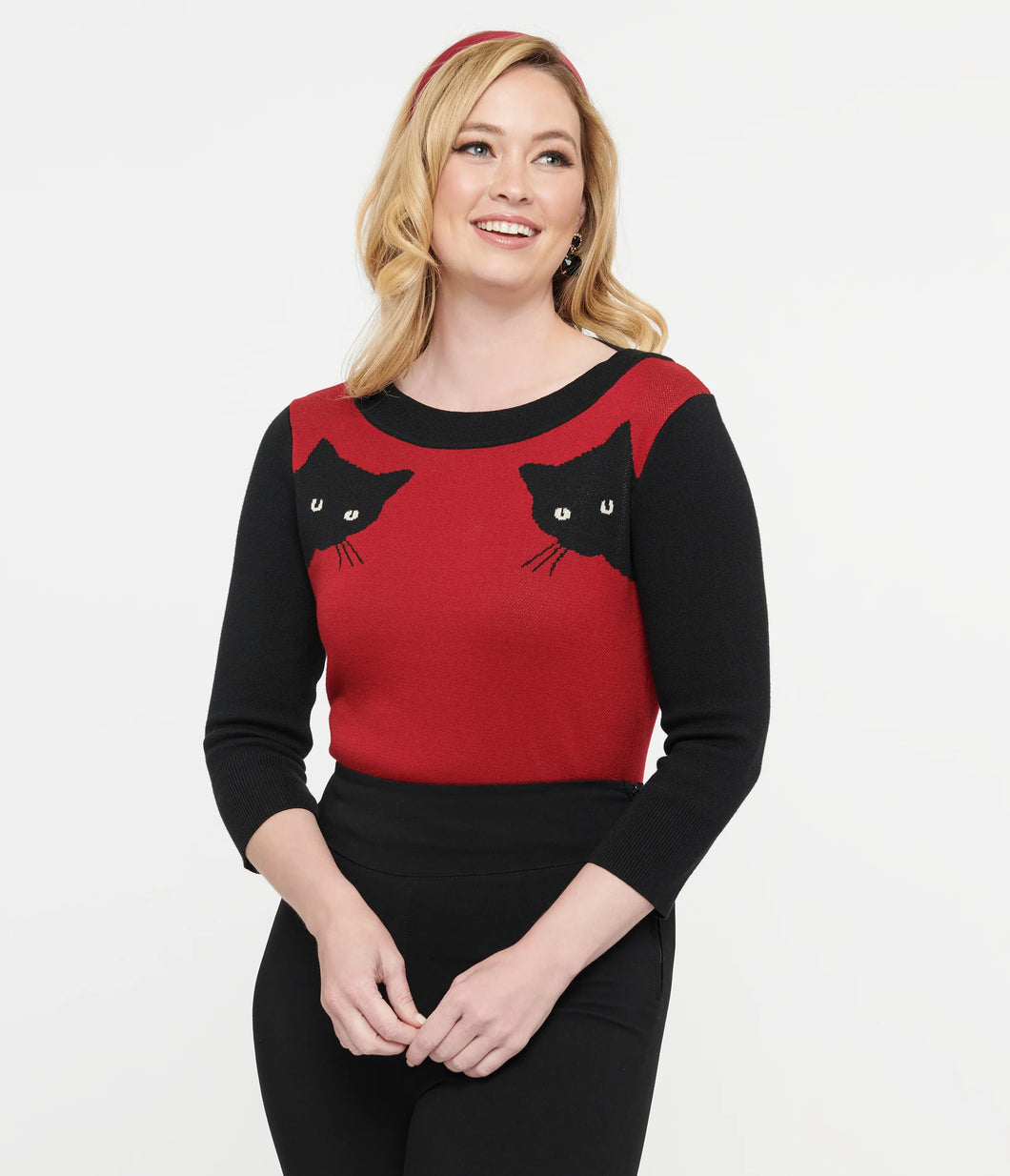 Burgundy Black Cat Sleeve Sweater