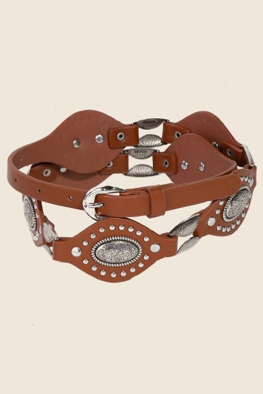 Faux Leather Oval And Concho Chain Belt