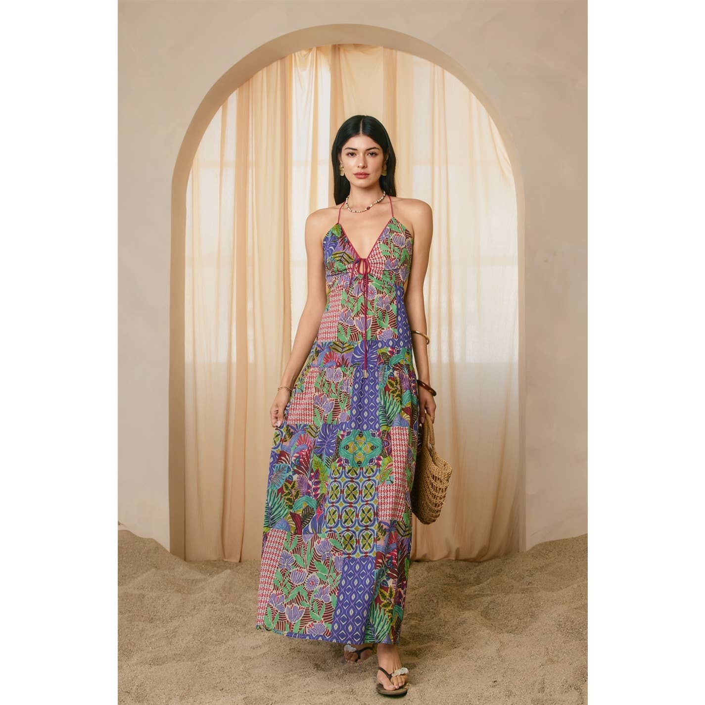 Paisley Patchwork Keyhole Tie Detail Dress