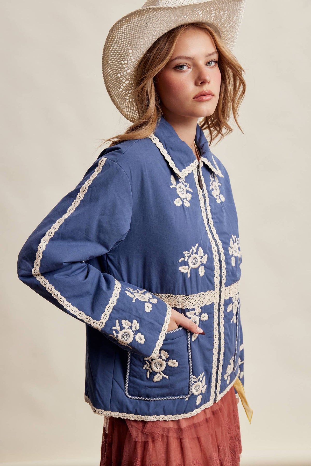 Embroidered Lace Trim Quilted Jacket