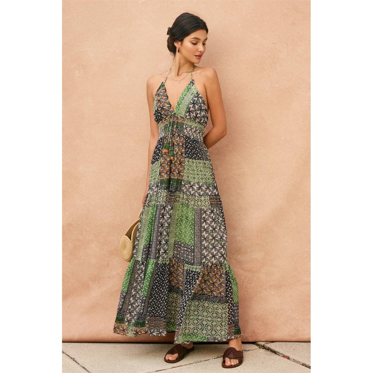 Bohemian Patchwork Halter Open Back Maxi Dress