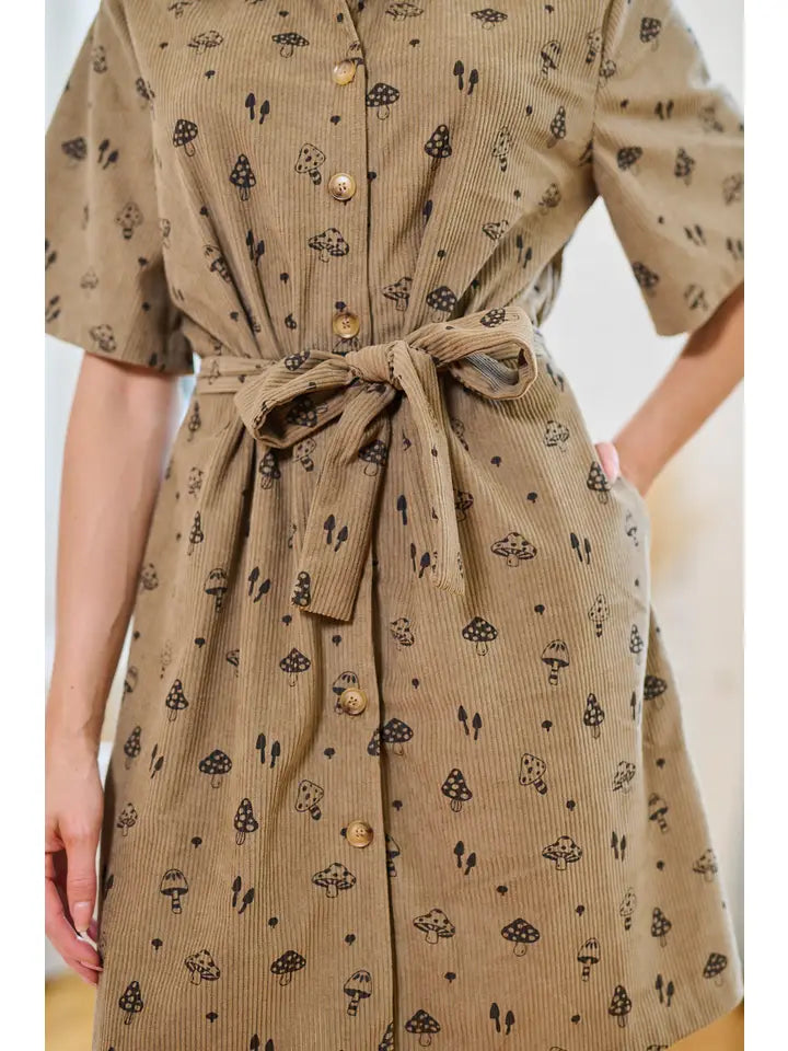 Mushroom Print Corduroy Shirt Dress