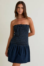 SMOCKING BODICE DENIM TUBE DRESS