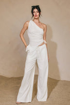 Linen One Shoulder Ruched Top