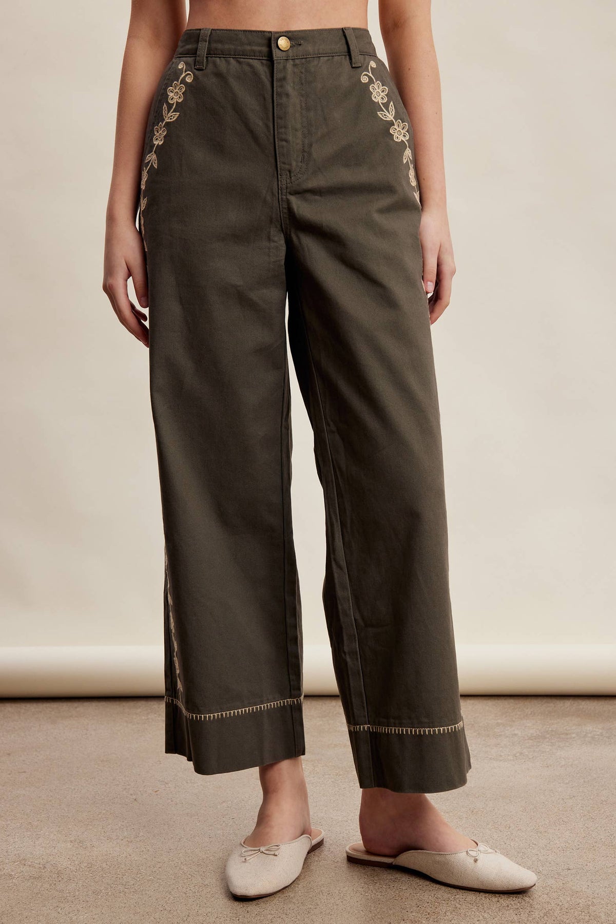Floral Embroidered Cropped Wide-Leg Pants
