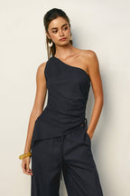 Linen One Shoulder Ruched Top