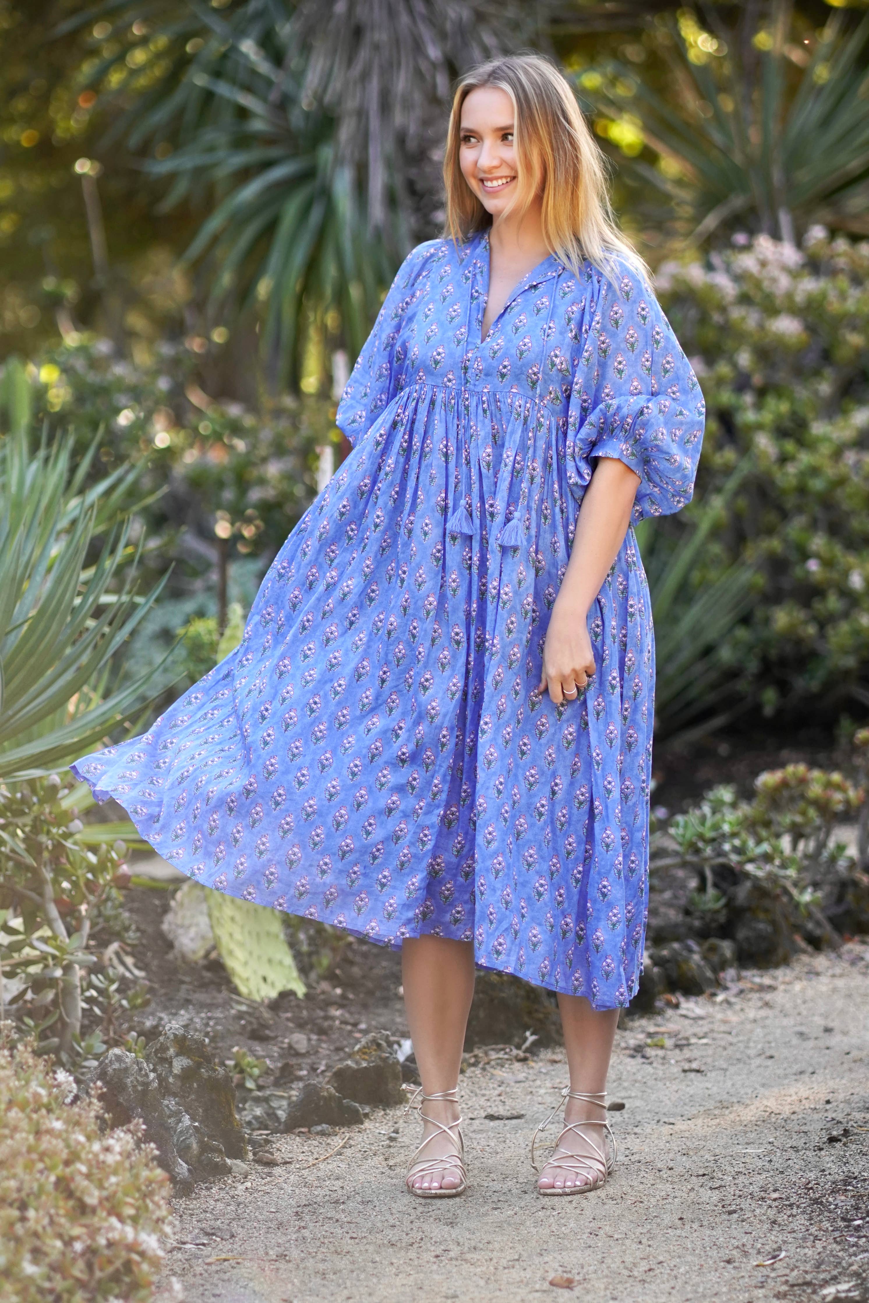 Mylah Midi Dress Block Printed Cotton Blue