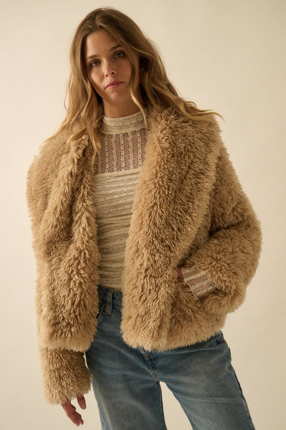 Faux Fur Shawl-Collar Pocket Jacket