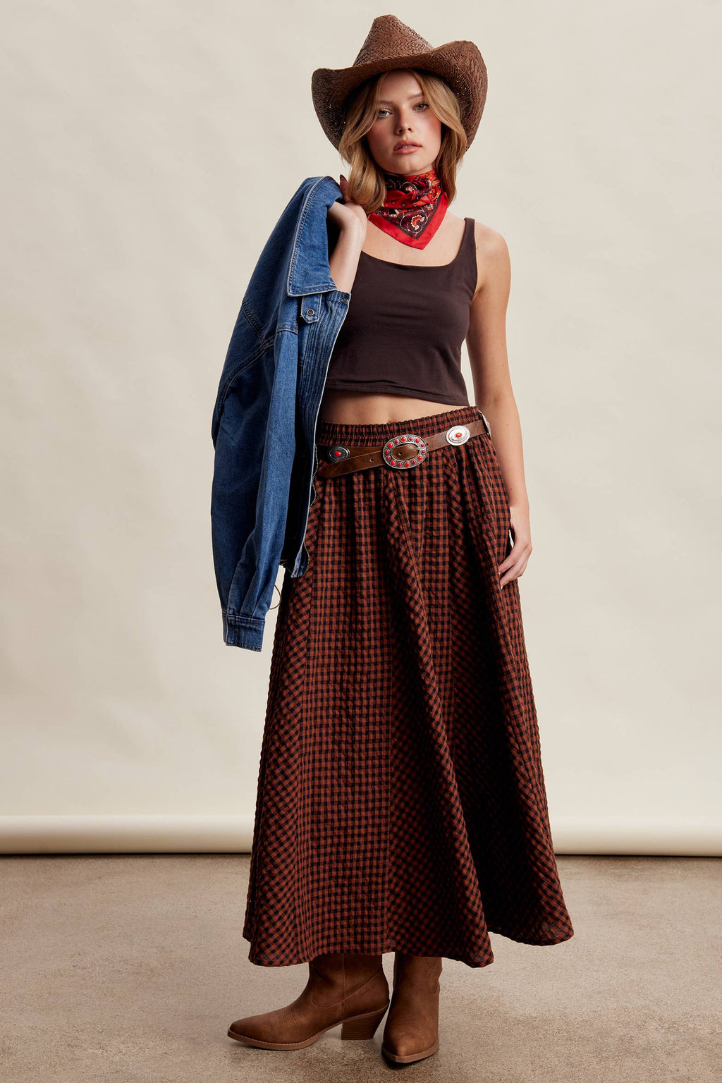 Textured Gingham Maxi Skirt