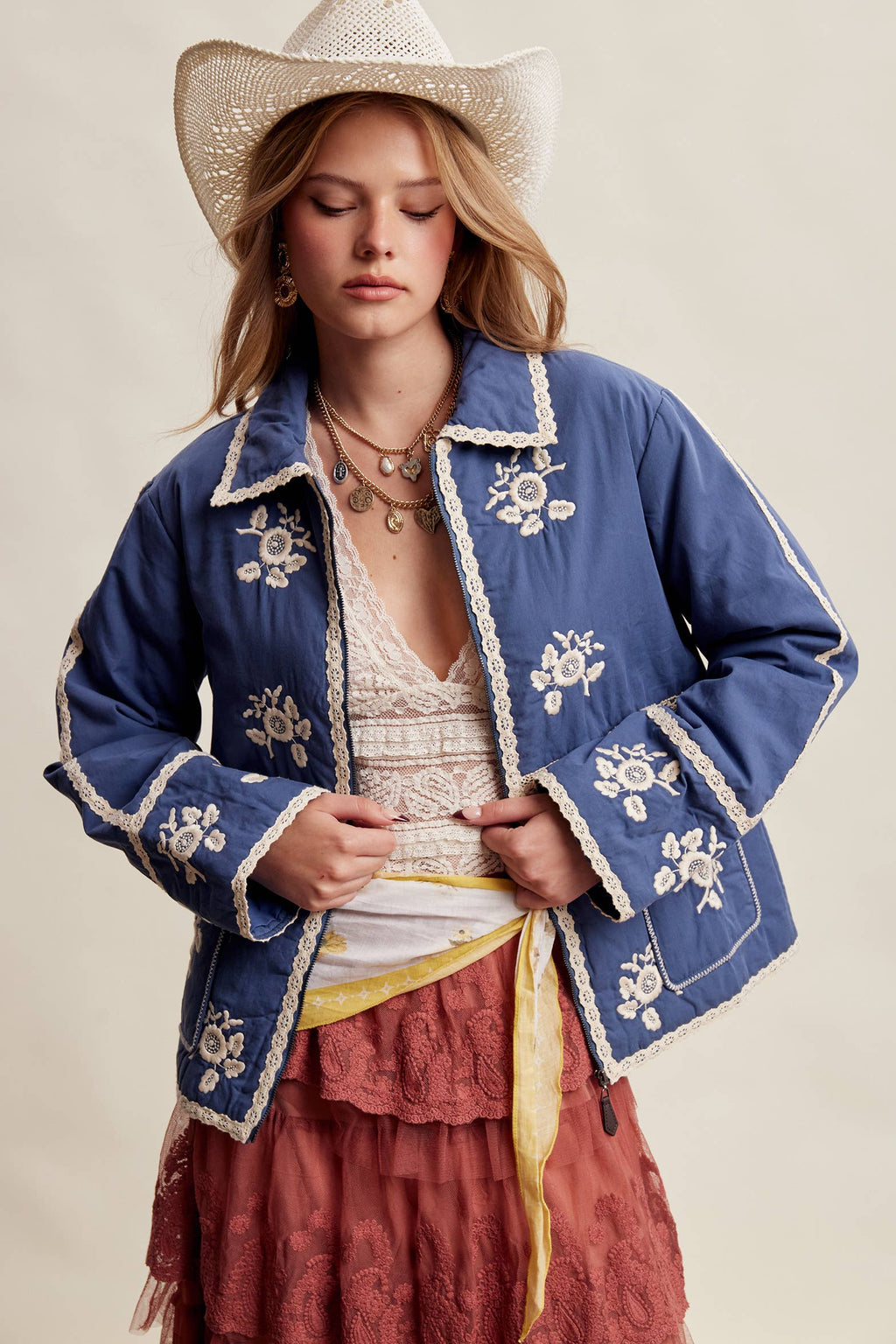 Embroidered Lace Trim Quilted Jacket