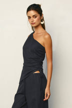 Linen One Shoulder Ruched Top