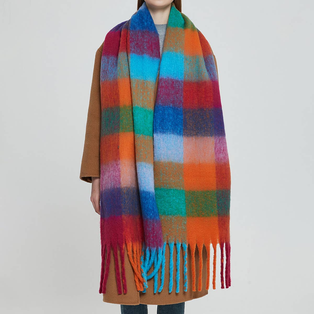 Chunky Plaid Scarf with Fringe