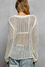 Round Neck Open-Knit Long Sleeve Sheer Sweater Top