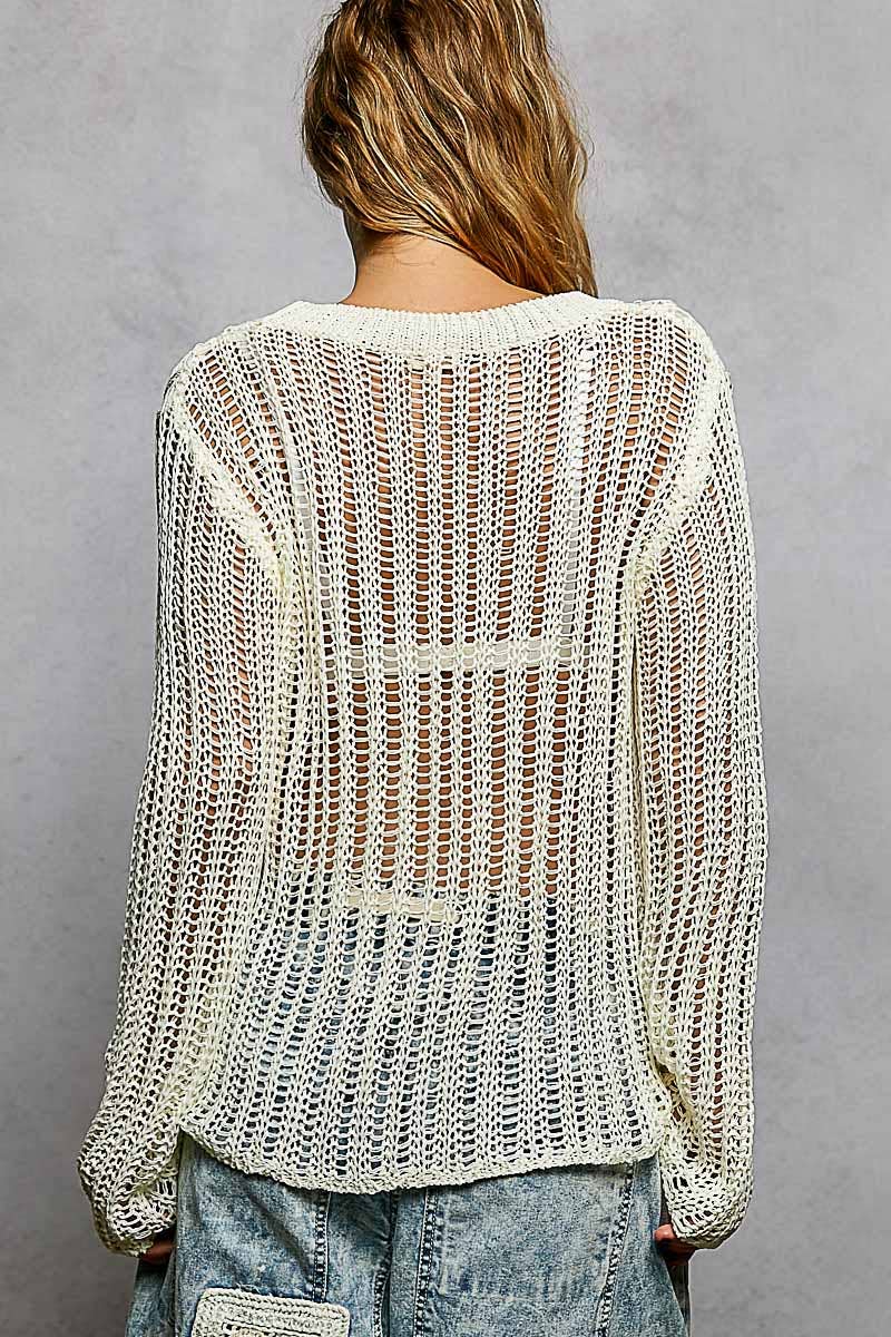Round Neck Open-Knit Long Sleeve Sheer Sweater Top